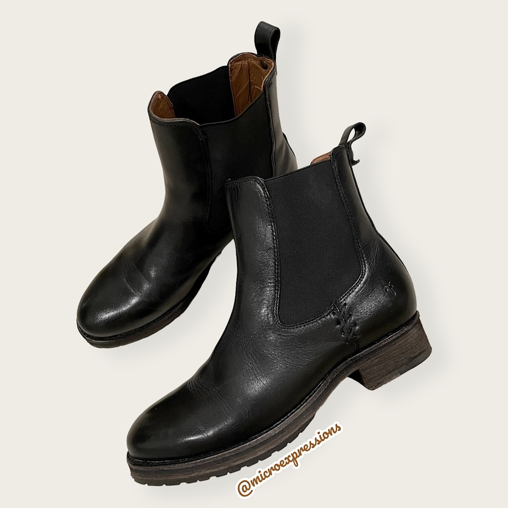 $369 Frye Melissa Chelsea Black Genuine Leather Comfy Low Heel Short Ankle Boot - Picture 15 of 16
